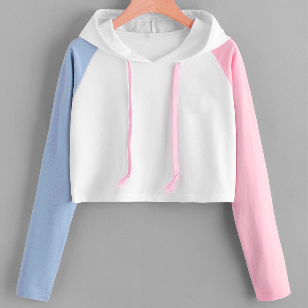 Oversized Short Hoodies Pullover Women Kawaii Patchwork Long Sleeve