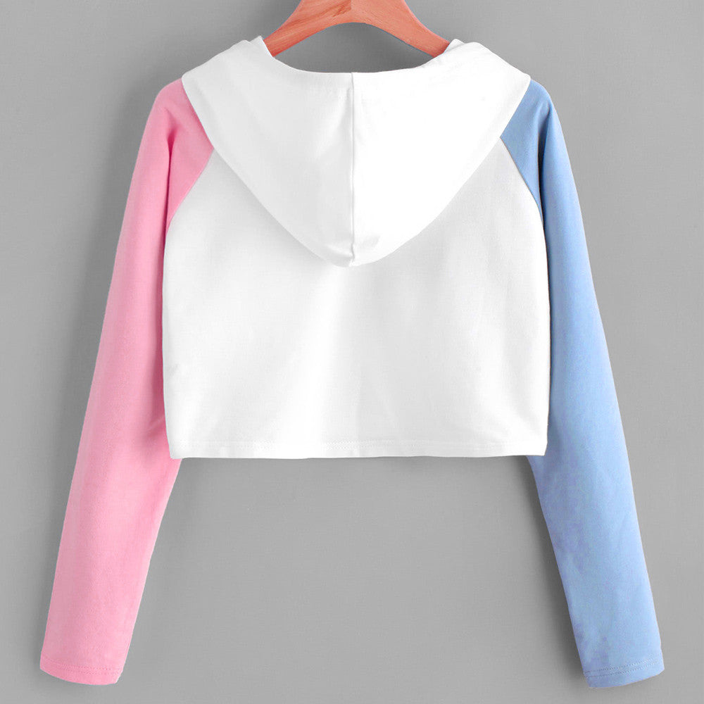 Oversized Short Hoodies Pullover Women Kawaii Patchwork Long Sleeve