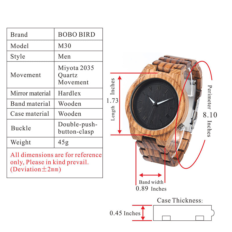 M30 Classical Zebre Wooden Watch Black Dial Wooden Fashion Clock Quartz