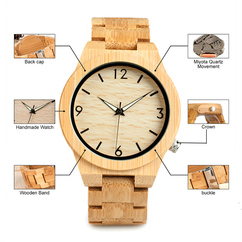 L-D27 Luminous Hand Natural All Bamboo Wood Watches Top Brand Luxury