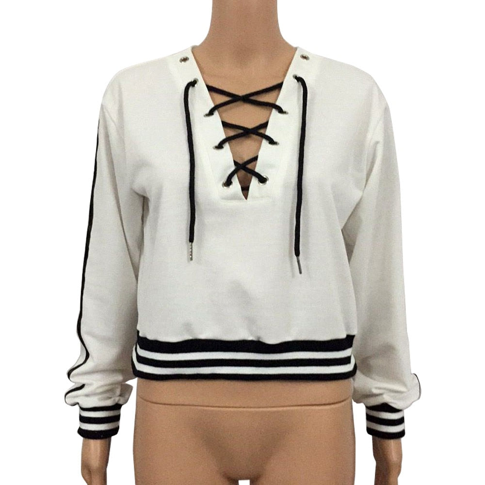 Womens Hip Hop Crop Top Fashion Deep V-neck Bandage Hoodie Sweatshirt