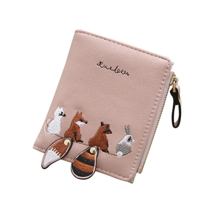 Fashion PU Women Wallet Cute Animals Embroidery Short