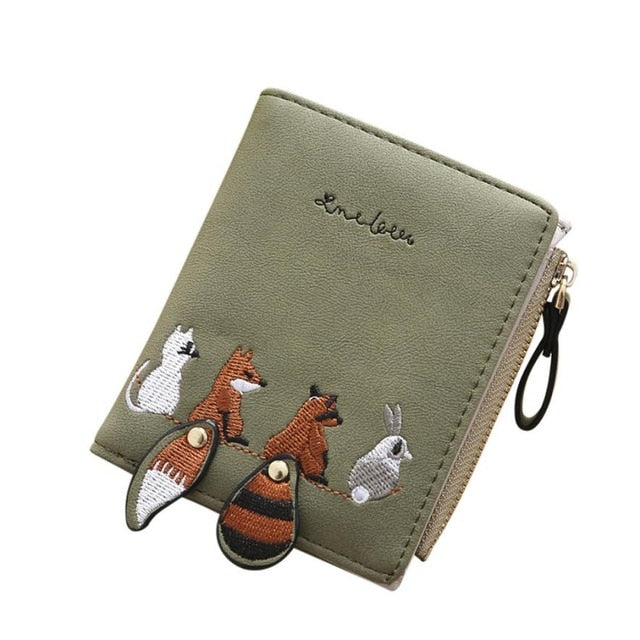 Fashion PU Women Wallet Cute Animals Embroidery Short