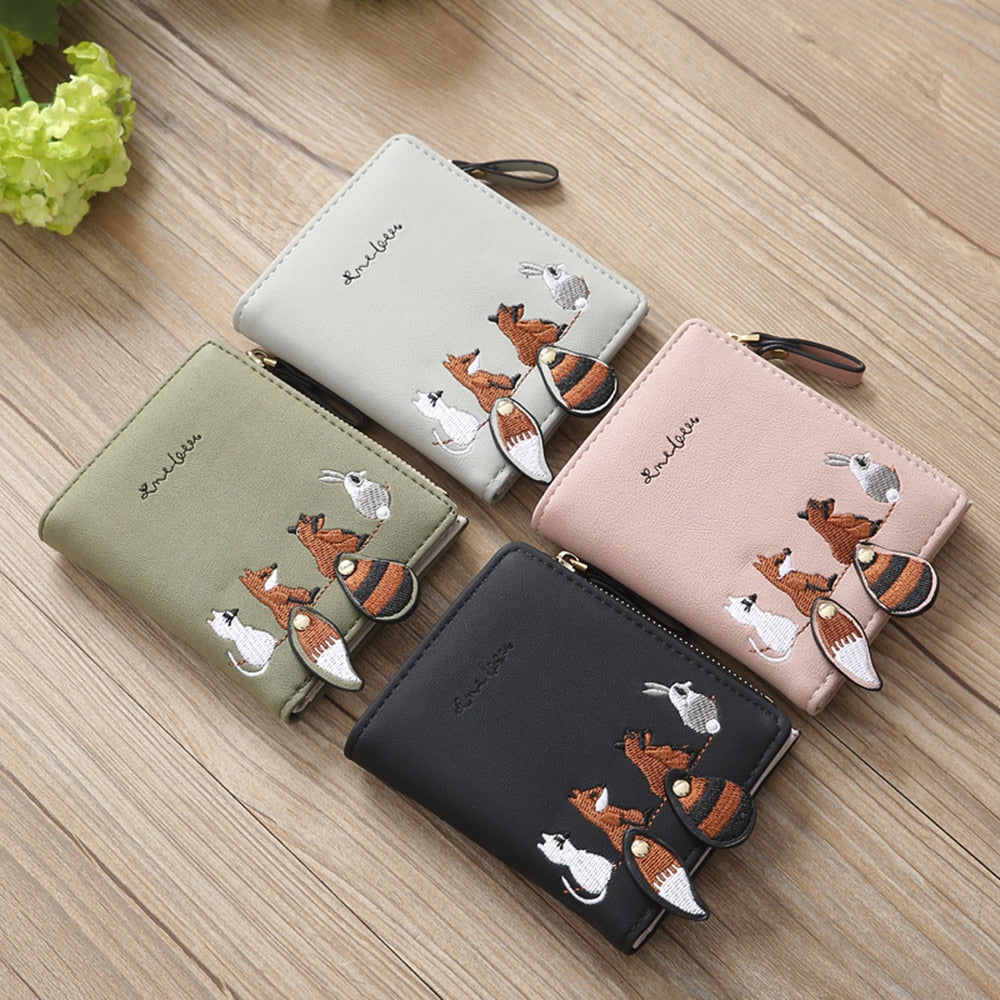 Fashion PU Women Wallet Cute Animals Embroidery Short