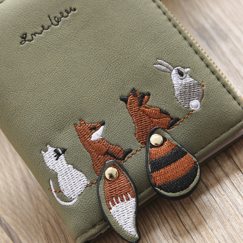Fashion PU Women Wallet Cute Animals Embroidery Short