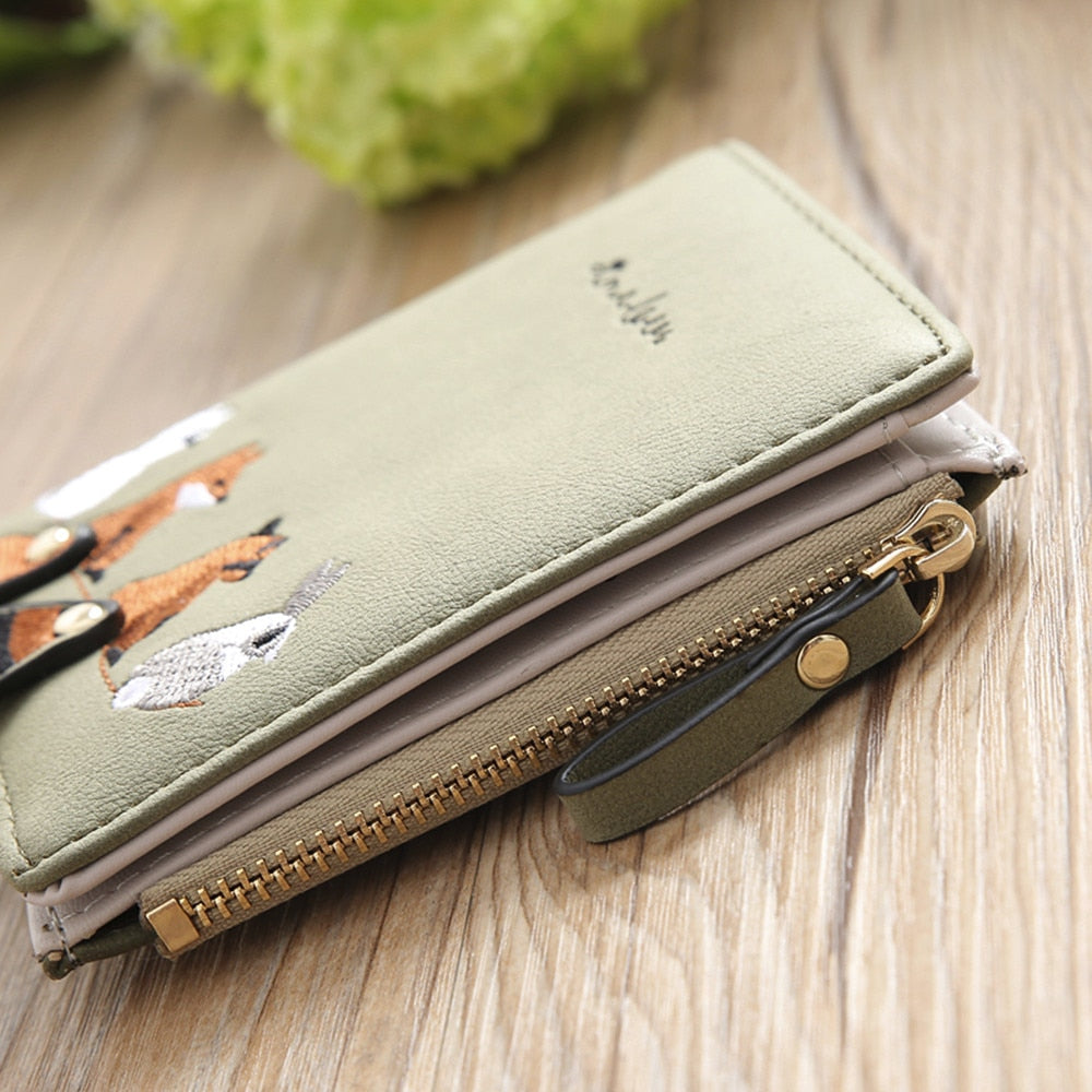 Fashion PU Women Wallet Cute Animals Embroidery Short
