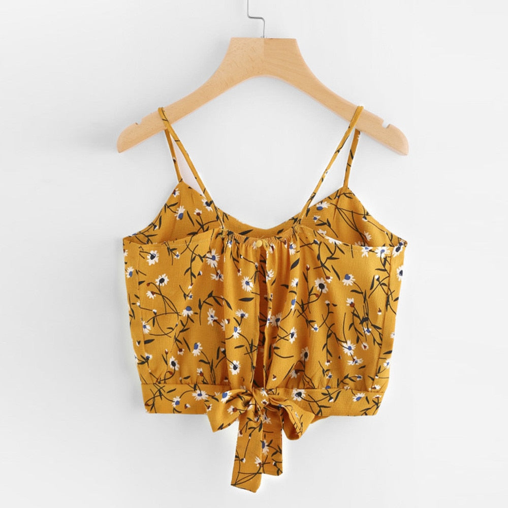 Women's Floral Crop Top Fashion New Arrival Bowknot Tie Back V Neck
