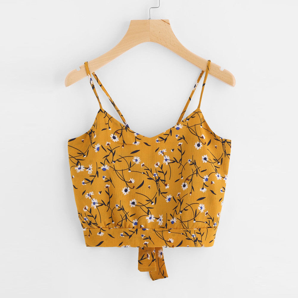 Women's Floral Crop Top Fashion New Arrival Bowknot Tie Back V Neck