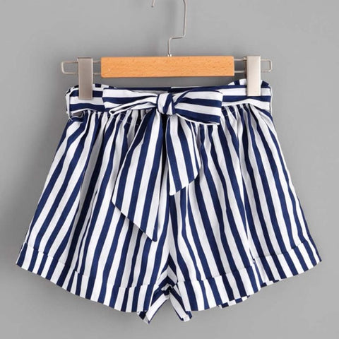 Casual Vertical Striped Elastic Waist Self Tie Front Shorts