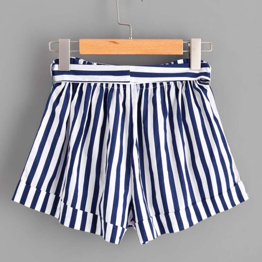 Casual Vertical Striped Elastic Waist Self Tie Front Shorts