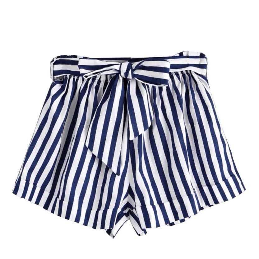 Casual Vertical Striped Elastic Waist Self Tie Front Shorts