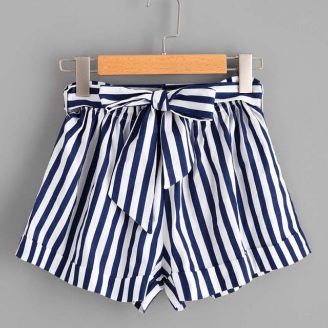 Casual Vertical Striped Elastic Waist Self Tie Front Shorts