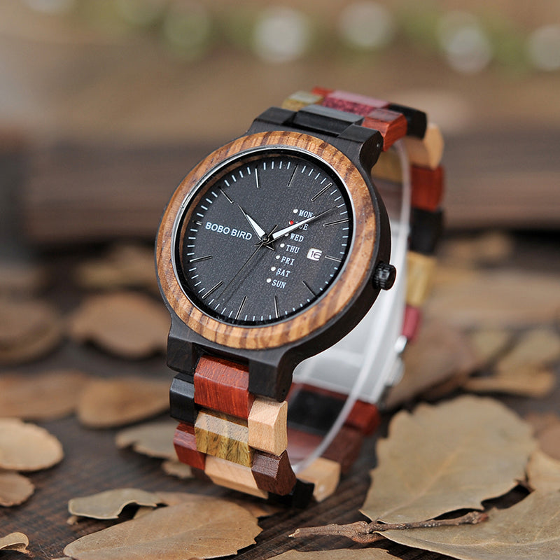 Men Watch Luxury Brand Wood Timepieces Week Date Display Quartz
