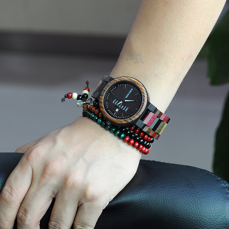 Men Watch Luxury Brand Wood Timepieces Week Date Display Quartz