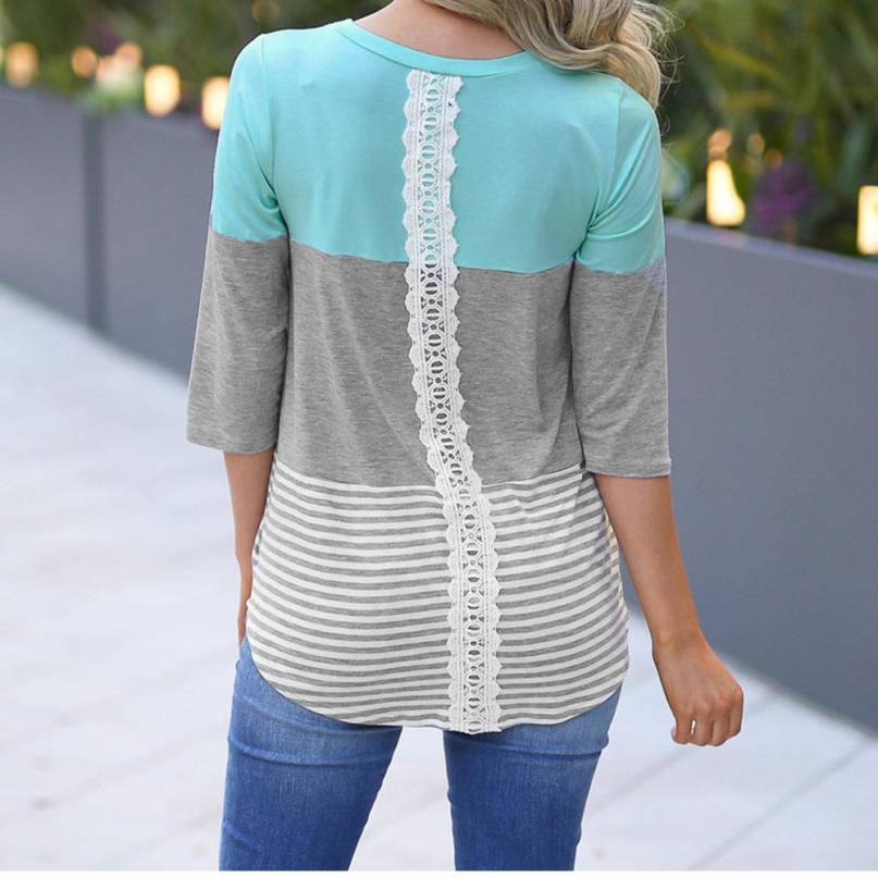 Womens T Shirts Tops Summer Casual Loose Striped Patchwork Lace