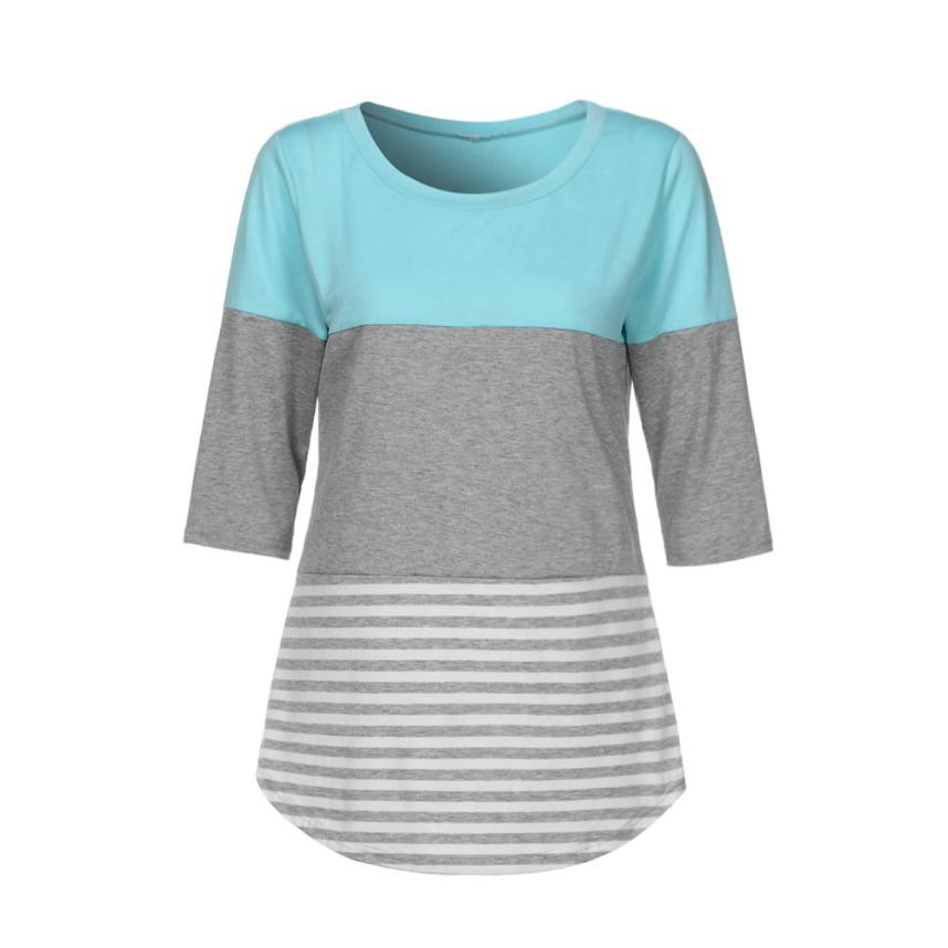 Womens T Shirts Tops Summer Casual Loose Striped Patchwork Lace
