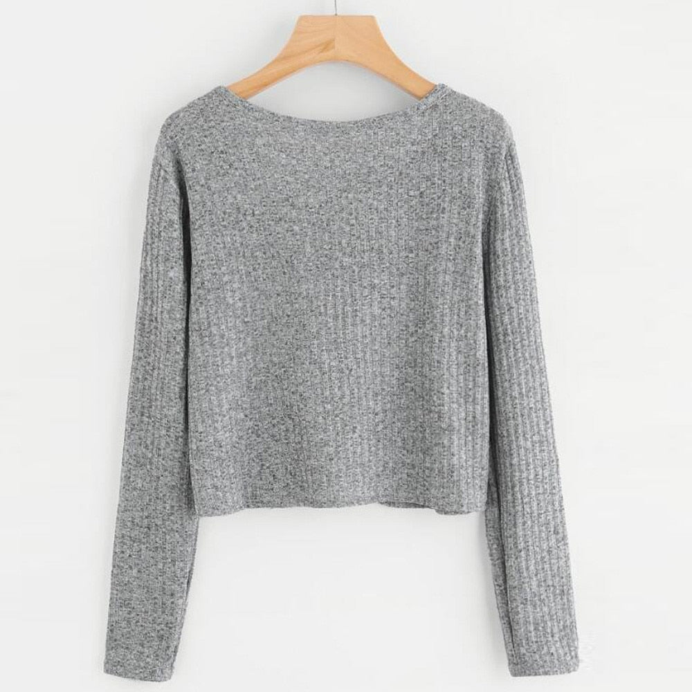 Simple Solid Gray Pocket Pullover Women Autumn Hoodies