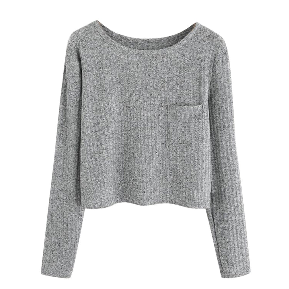 Simple Solid Gray Pocket Pullover Women Autumn Hoodies