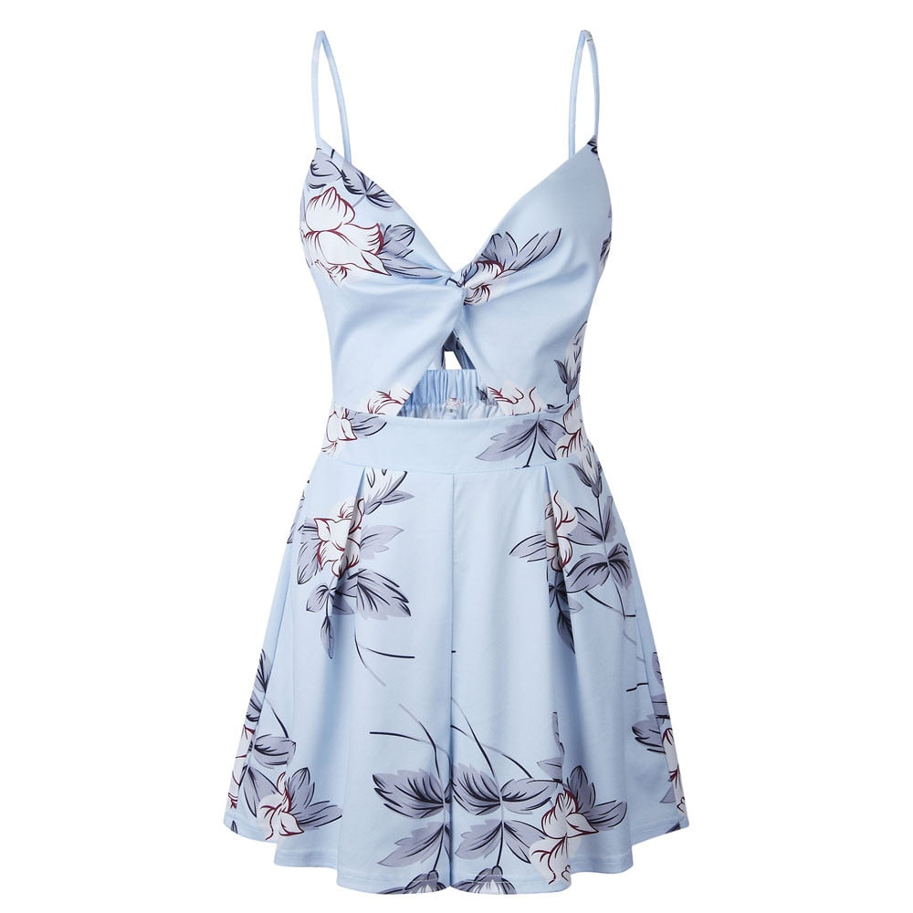 Girl Boho Floral Sleeveless Sexy Jumpsuit Women Sashes Summer Beach Party