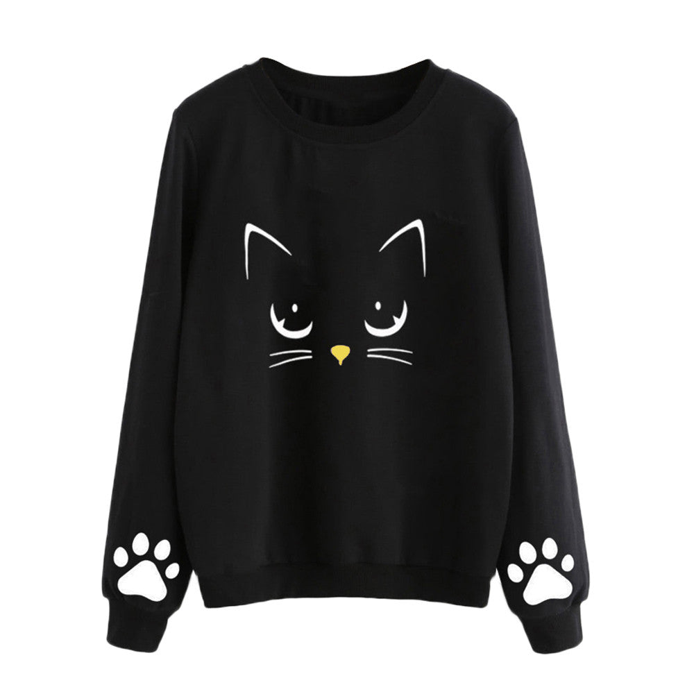 Women Sweatshirts Cute Winter Cat Weater Round Neck Long Sleeve