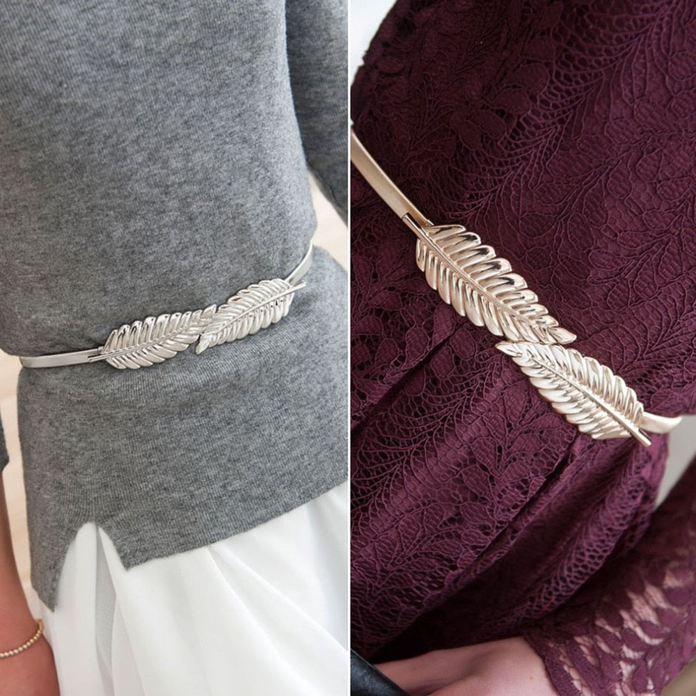 Leaf Shape Belt Metal Leaves Cummerbund Clasp Front Stretch Waistband