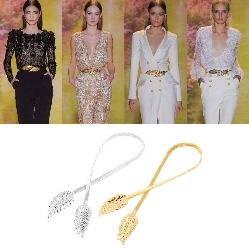 Leaf Shape Belt Metal Leaves Cummerbund Clasp Front Stretch Waistband