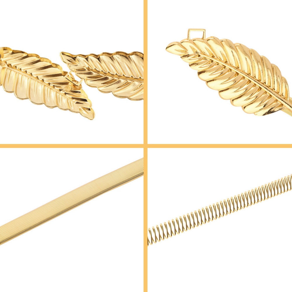 Leaf Shape Belt Metal Leaves Cummerbund Clasp Front Stretch Waistband