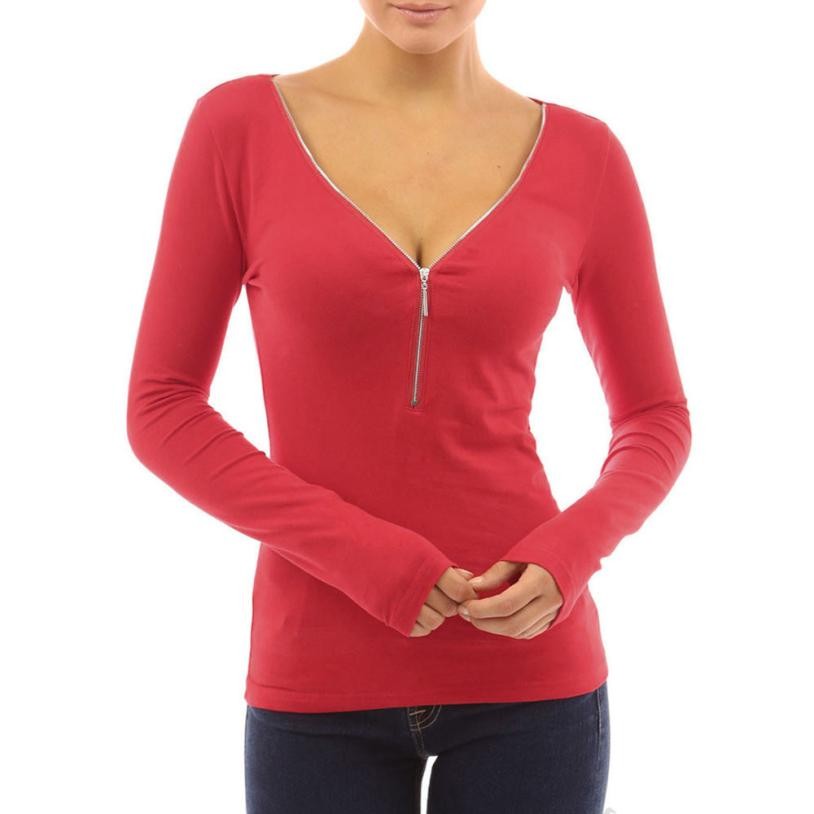 Womens Sexy Zipper Long Sleeve Casual Shirt Tops