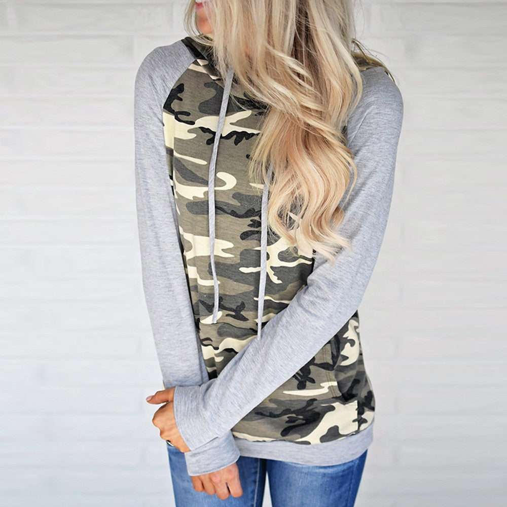 Womens Camouflage Print Sweatshirt Autumn Ladies Long Sleeve Patchwork Hoodies
