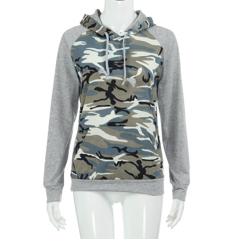 Womens Camouflage Print Sweatshirt Autumn Ladies Long Sleeve Patchwork Hoodies