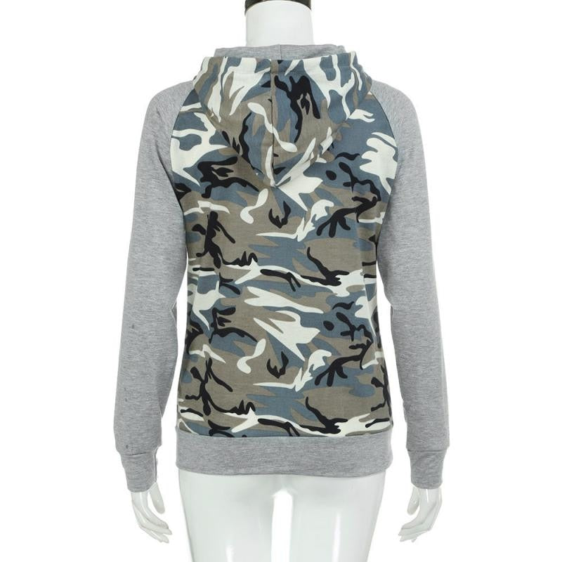 Womens Camouflage Print Sweatshirt Autumn Ladies Long Sleeve Patchwork Hoodies