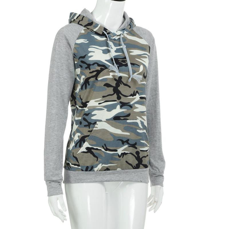 Womens Camouflage Print Sweatshirt Autumn Ladies Long Sleeve Patchwork Hoodies