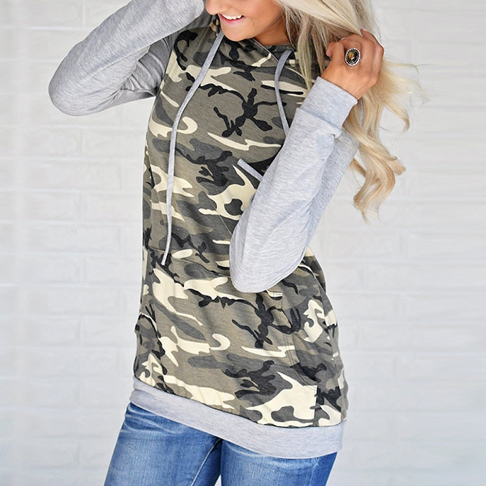Womens Camouflage Print Sweatshirt Autumn Ladies Long Sleeve Patchwork Hoodies