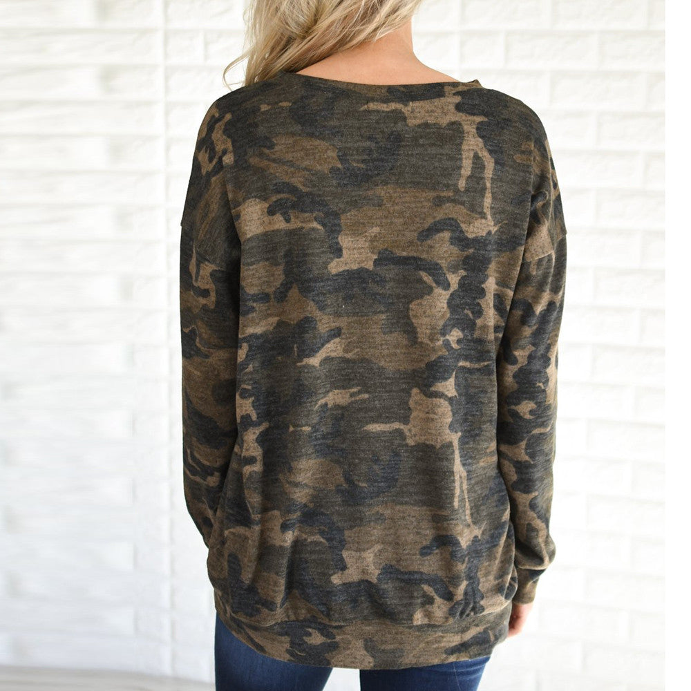 Vintage Camouflage Printed Sweatshirt Women Cross V-Neck Long Sleeve