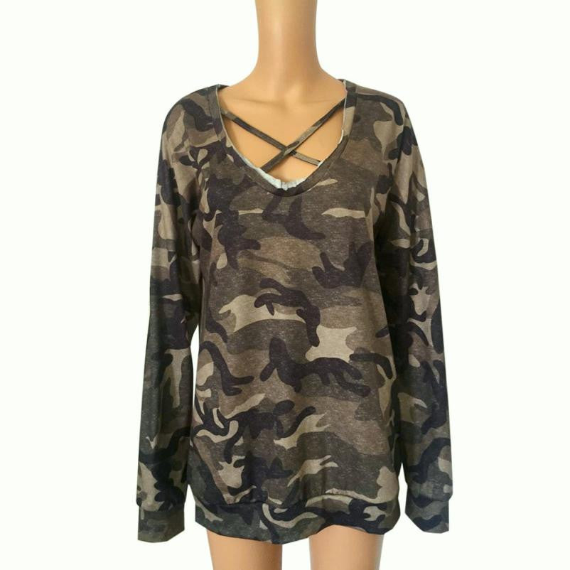 Vintage Camouflage Printed Sweatshirt Women Cross V-Neck Long Sleeve