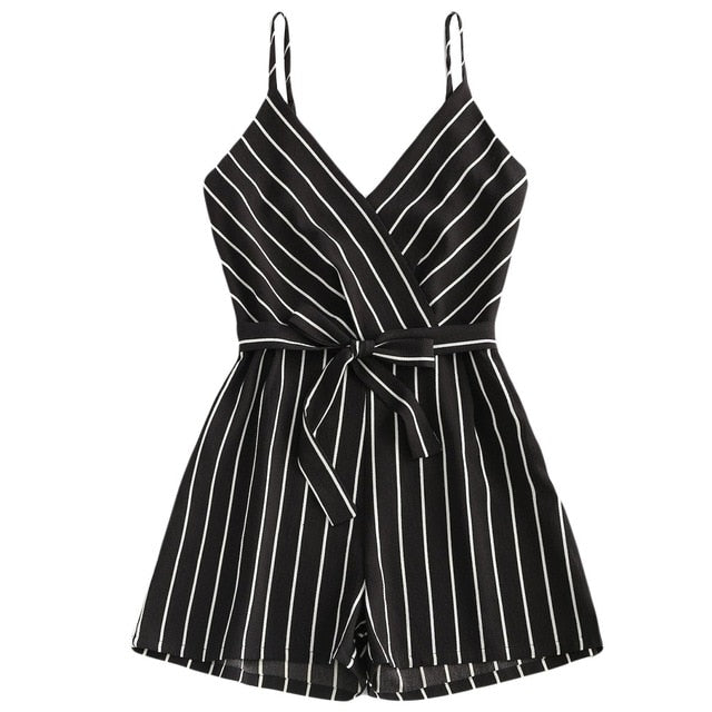 womens jumpsuit Striped Female Rompers Bow Belt V-Neck short Wide leg Straps