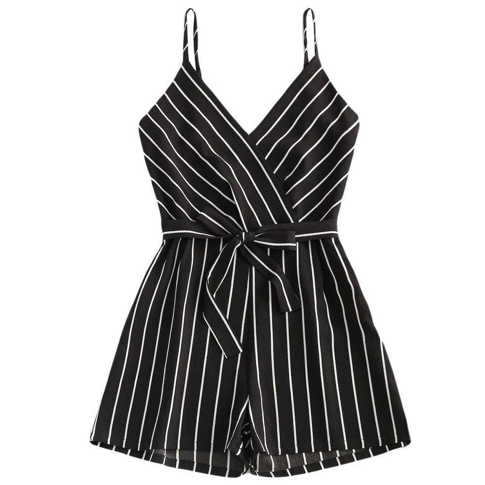 womens jumpsuit Striped Female Rompers Bow Belt V-Neck short Wide leg Straps