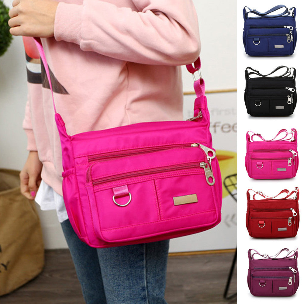 Women Fashion Solid Color Zipper Waterproof Nylon Shoulder Bag