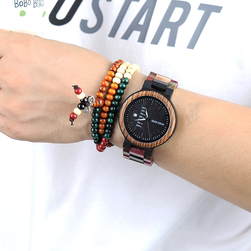 Men Watch Luxury Brand Wood Timepieces Week Date Display Quartz