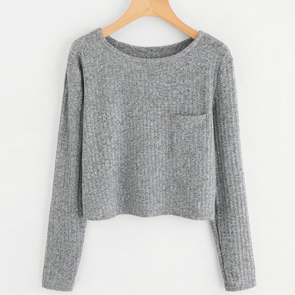 Simple Solid Gray Pocket Pullover Women Autumn Hoodies