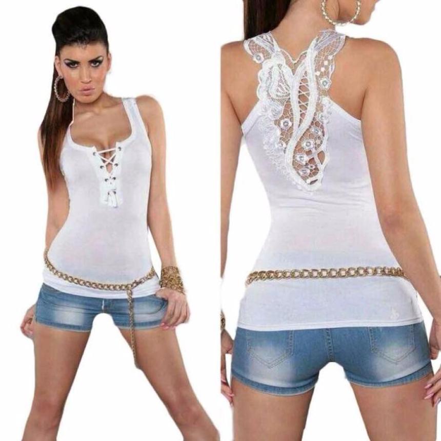 Women Bandage Tank Top Summer Sexy Lace Halter