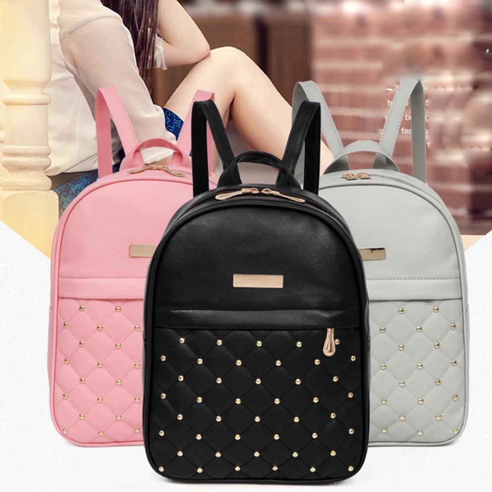 Fashion Women Zipper Pocket Bee Pearl Rivet Backpacks