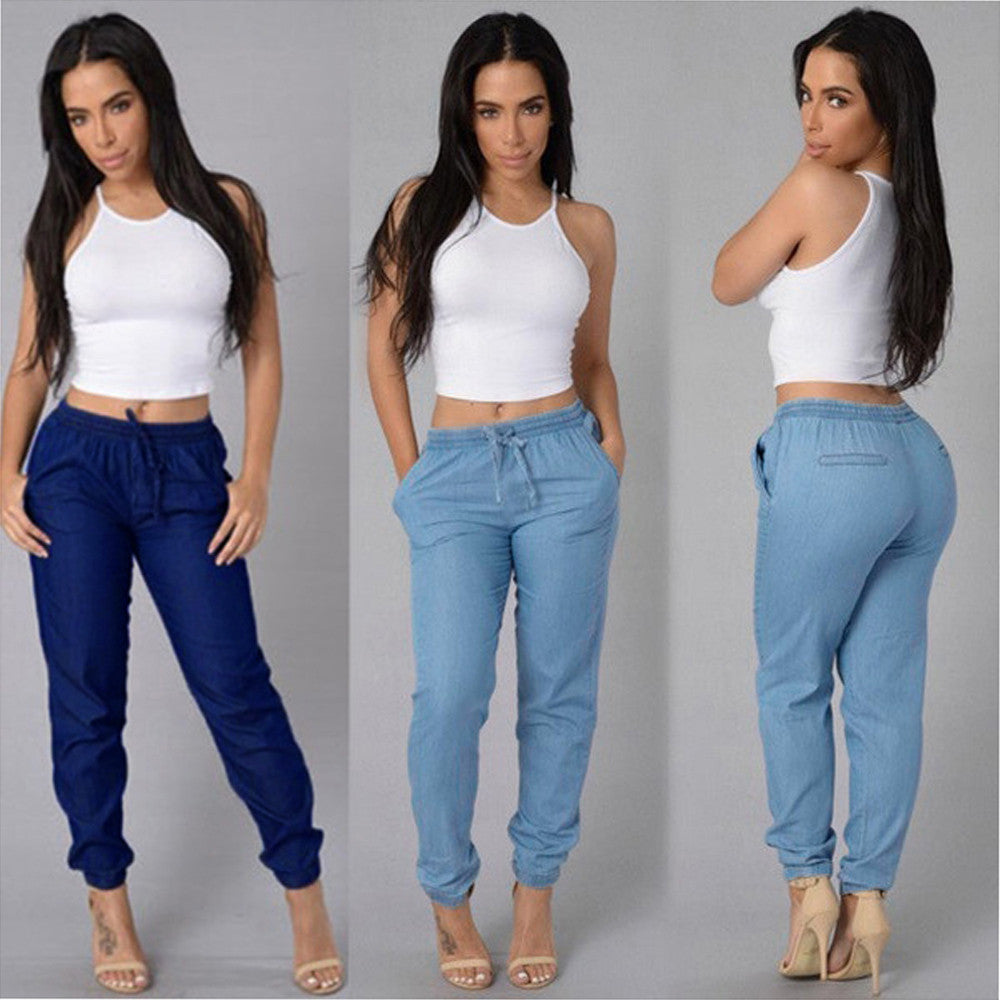High Waist Jeans Of Women Spring Pants Capris Womens Elastic Waist Casual