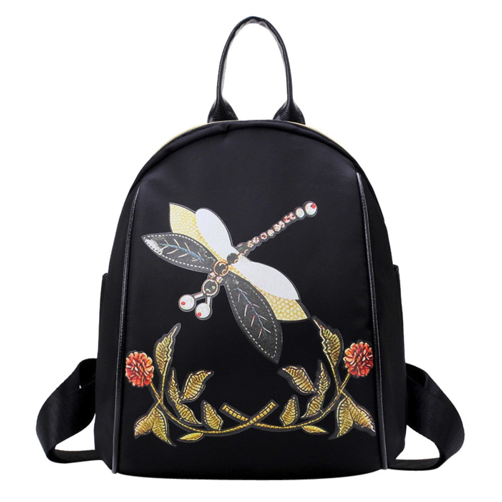 Fashion Embroidery Style Backpack Dragonfly Print Travel Rucksack