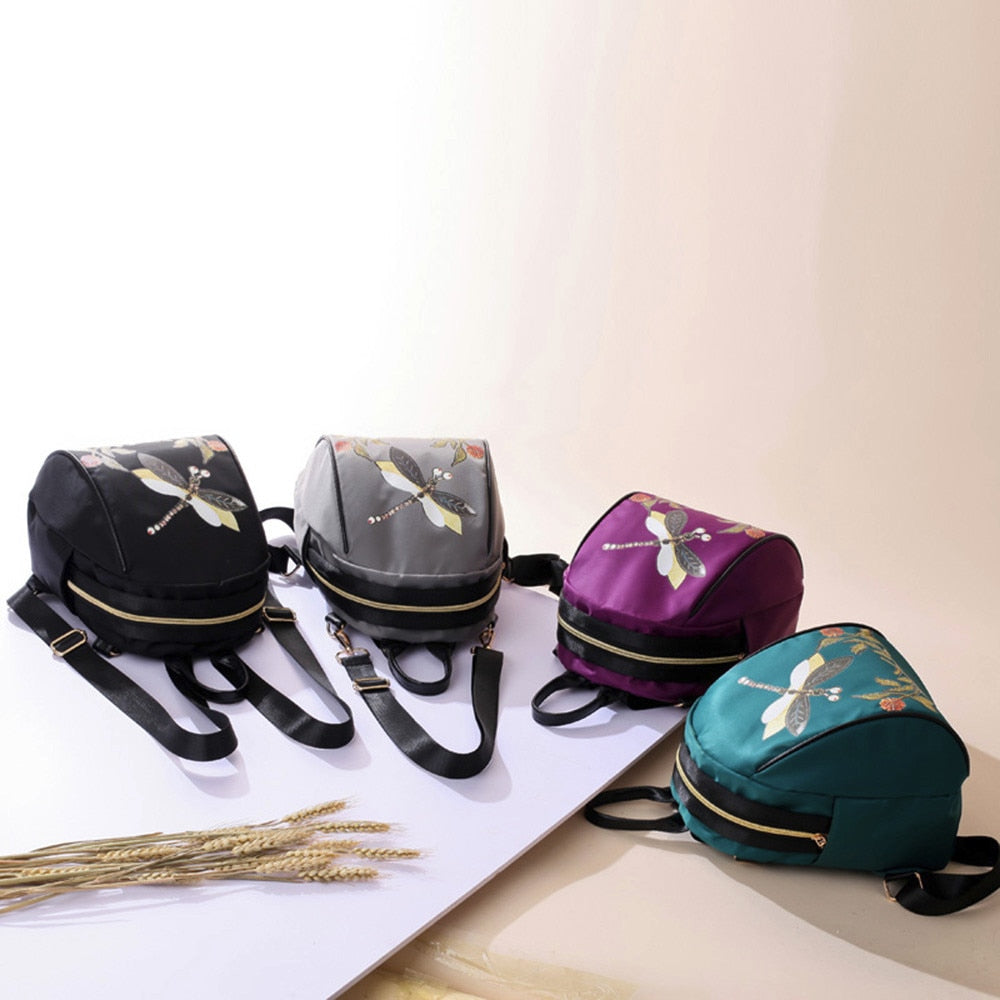 Fashion Embroidery Style Backpack Dragonfly Print Travel Rucksack