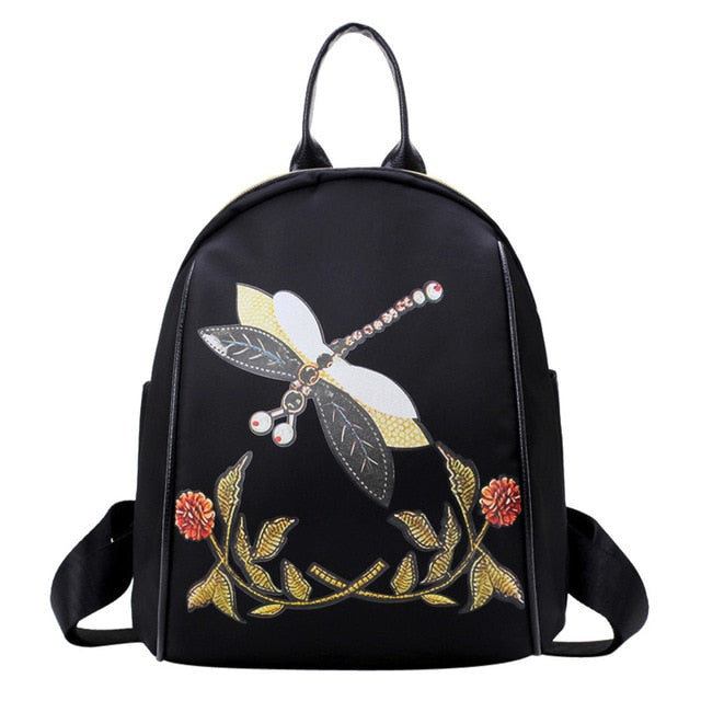 Fashion Embroidery Style Backpack Dragonfly Print Travel Rucksack