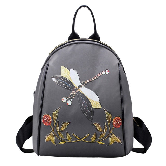 Fashion Embroidery Style Backpack Dragonfly Print Travel Rucksack