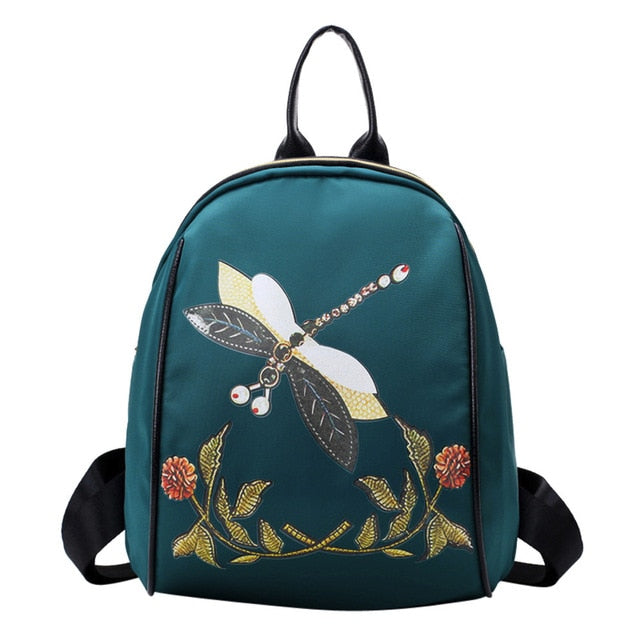 Fashion Embroidery Style Backpack Dragonfly Print Travel Rucksack