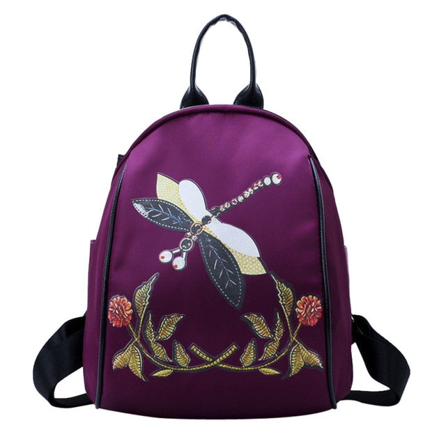 Fashion Embroidery Style Backpack Dragonfly Print Travel Rucksack