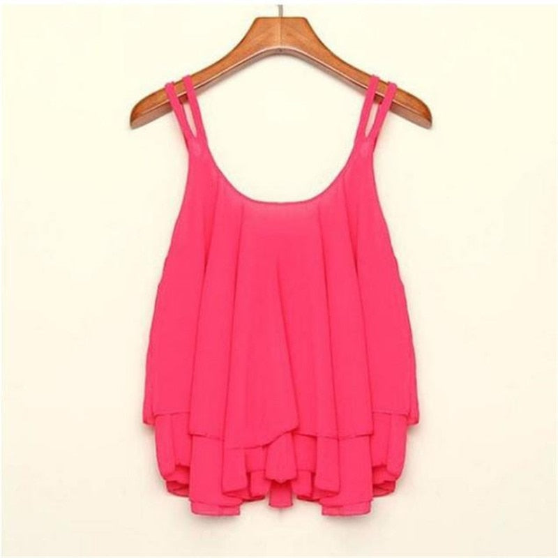 Crop Tops Summer Fashion Bilayer Sleeveless Shirt Chiffon Loose Vest Tank